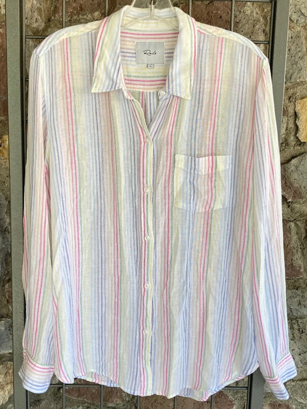 Rails Charli White Rainbow Stripe Button Down Long Sleeves Shirt Large